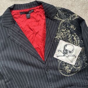 Our Silent Procession Blazer Mens XL Black Pinstripe Skull Crossbone Jacket Goth